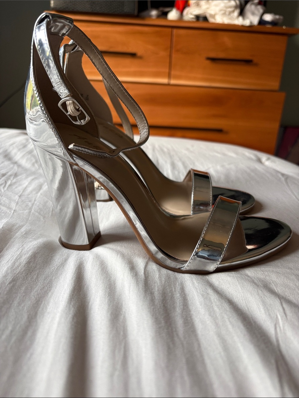 Silver Metallic Ankle-Strap Block Heel Sandals